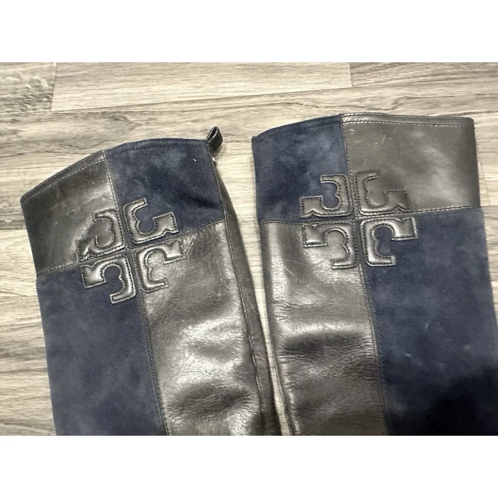 Tory‎ Burch Lizzie Leather-Suede Riding Boots Navy Black 7.5